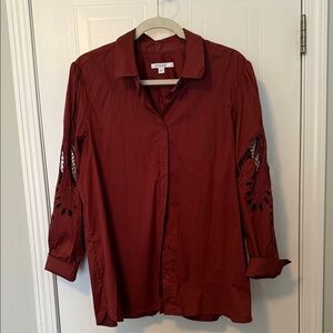 Chico's Brown Button-Down Shirt with Cutout Sleeves